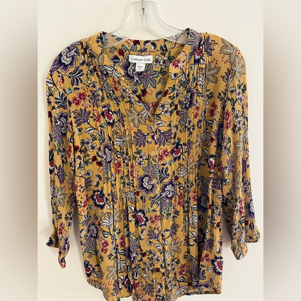 Coldwater Creek Yellow Floral V-neck Blouse- New- Size Small